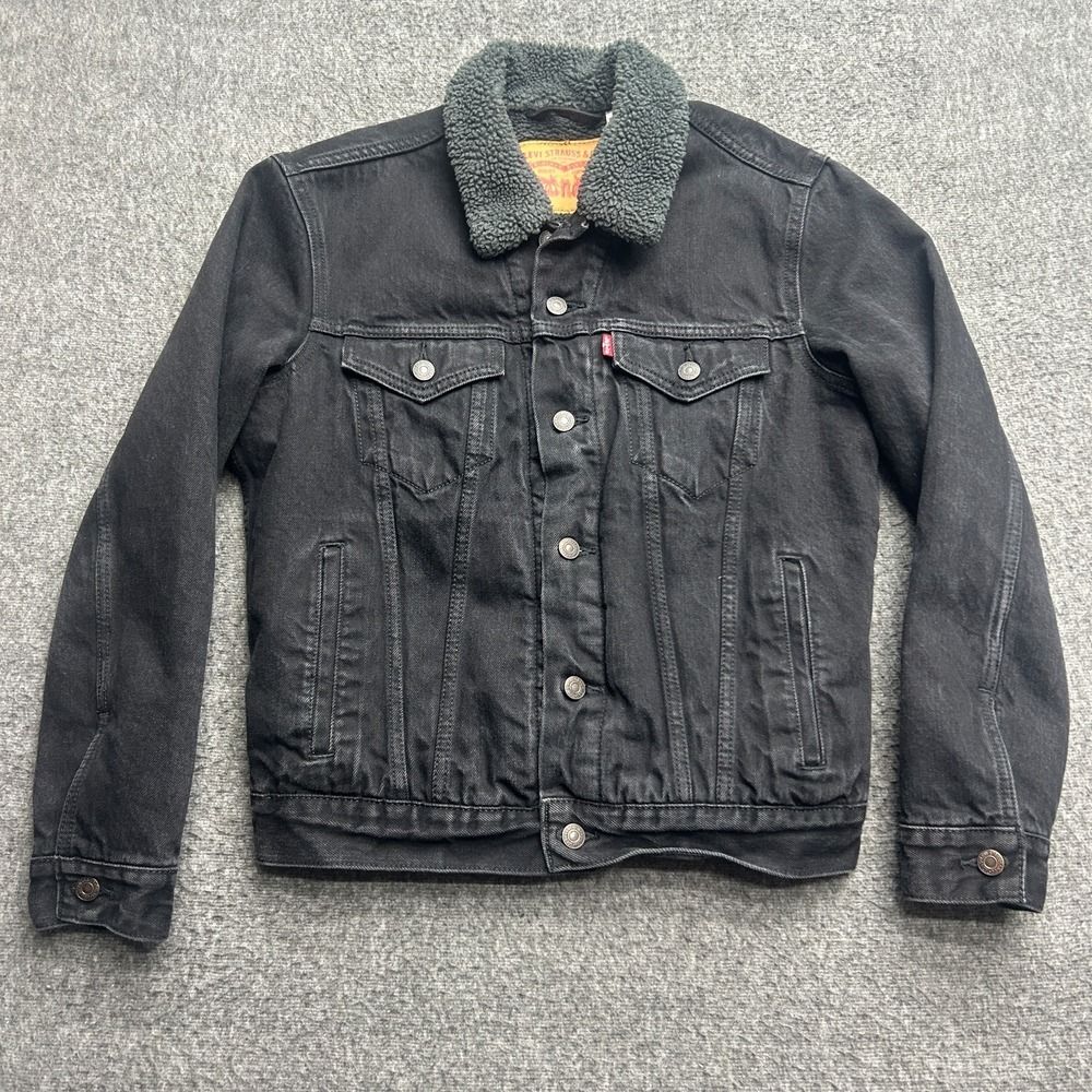 Levis Trucker Jacket Small Mens Sherpa Lined Cotton‎ Denim Button Up Coat Black